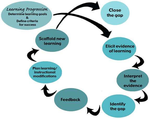 Cyclical process starting with Formative Assessment Process - Learning Progression Determining learning goals & Define criteria for success, arrow to Elicit evidence of learning, arrow to Interpret the evidence, arrow to Identify the gap, arrow to Feedback, arrow to Plan learning/instructional modifications, arrow to Scaffold new learning, cyclical until the gap is closed.