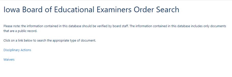 Iowa Board of Educational Examiners Order Search Menu